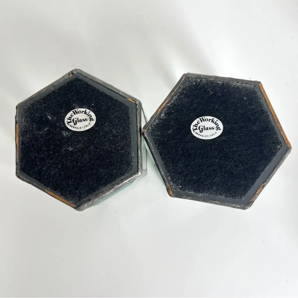 Vintage Set Lead Glass Hexagonal Candle Holders with Dove Design
